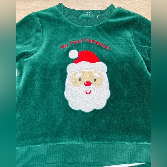 Little Me 2 Piece Pant Set “My First Christmas” Santa Velour Green - Picture 4 of 8